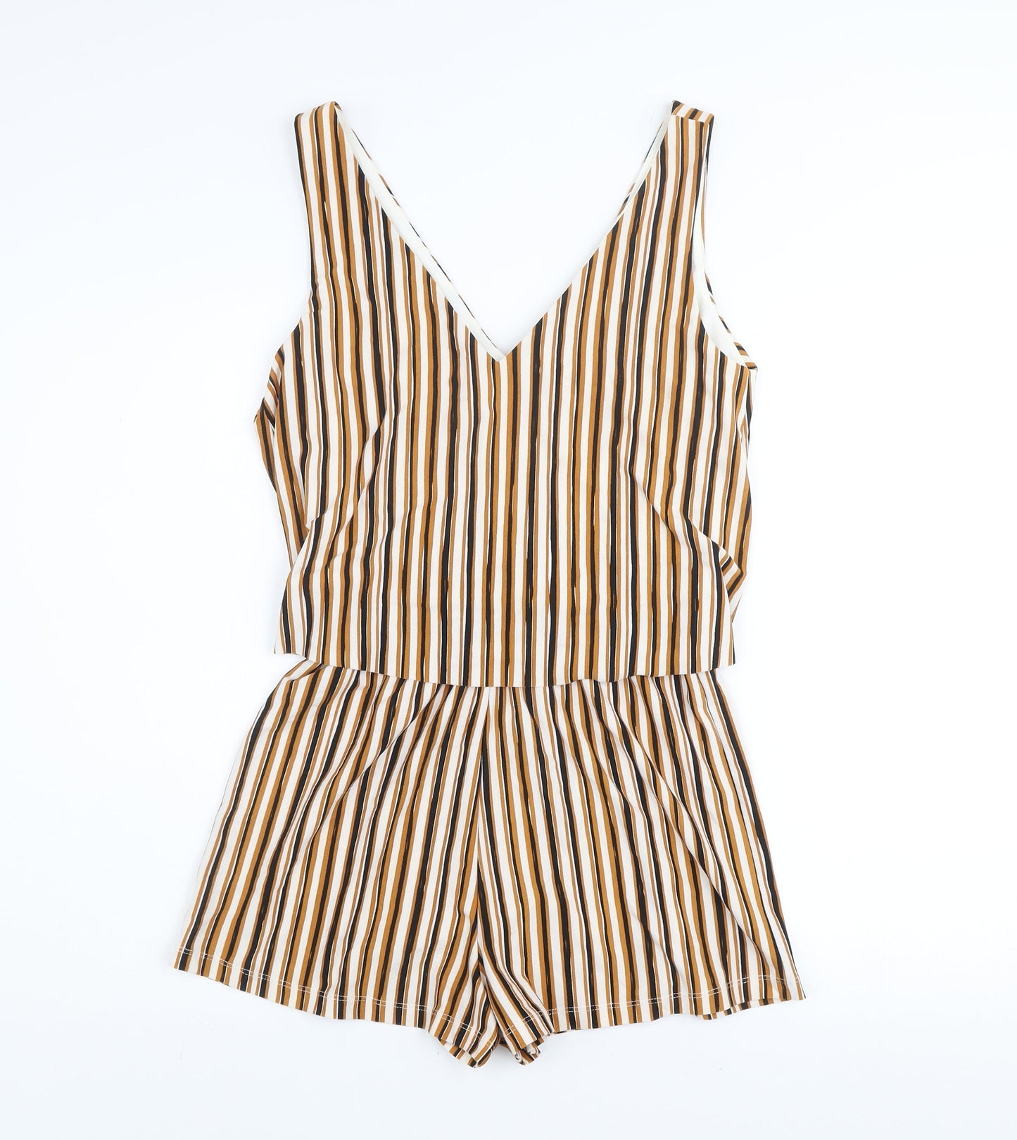 Mango Women’s Beige Brown Striped Sleeveless Playsuit Size 8 V-Neck