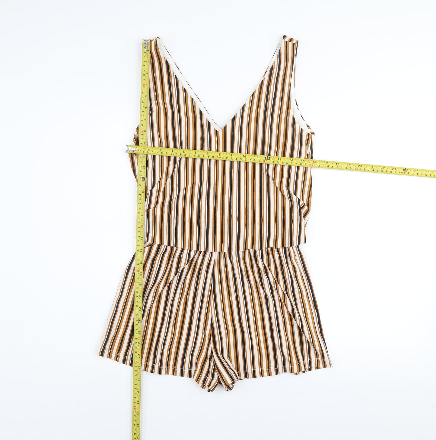 Mango Women’s Beige Brown Striped Sleeveless Playsuit Size 8 V-Neck