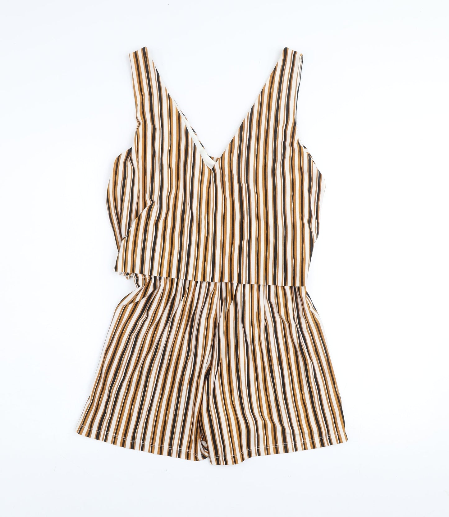 Mango Women’s Beige Brown Striped Sleeveless Playsuit Size 8 V-Neck