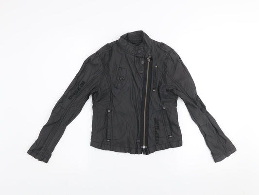 Next Girls Black Biker Jacket 9-10 Years Belted Full Zip Lined Stylish Outerwear