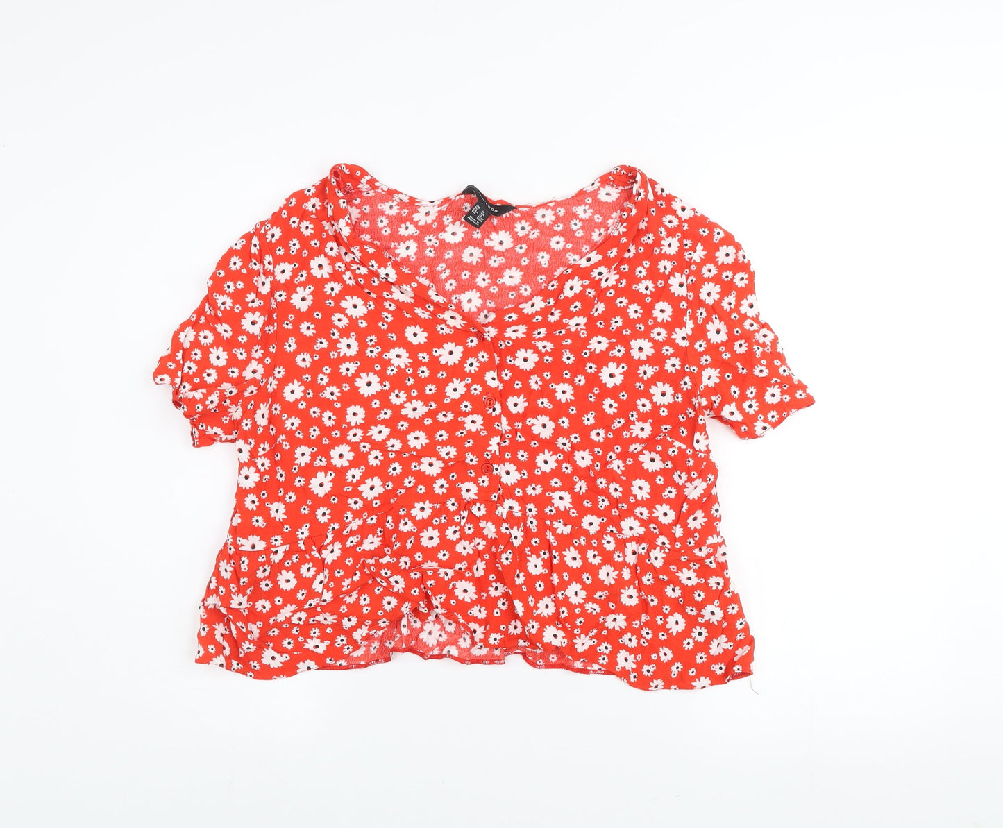 New Look Women Red Floral Cropped V-Neck Blouse UK 16