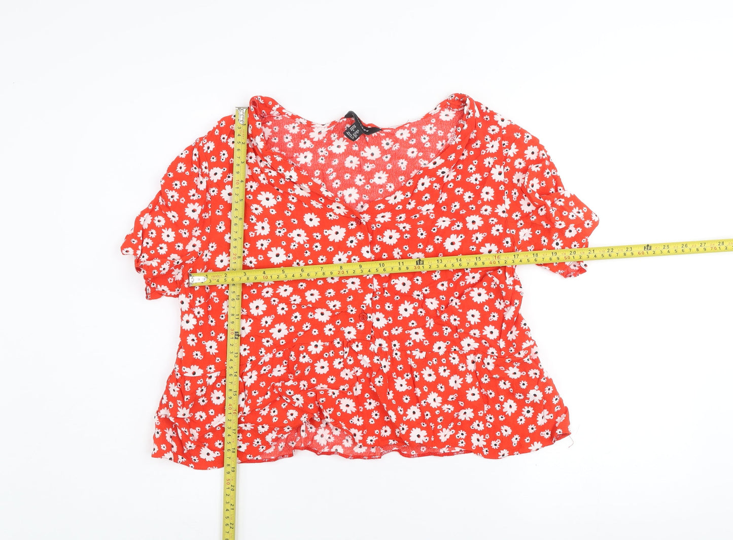 New Look Women Red Floral Cropped V-Neck Blouse UK 16