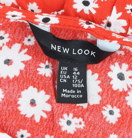 New Look Women Red Floral Cropped V-Neck Blouse UK 16