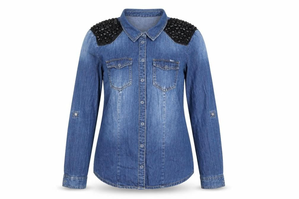 Only Women's Blue Denim Beaded Shoulder Long Sleeve Button-Up Shirt Size 12