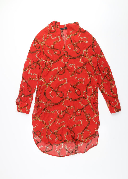 Zara Basic Women Red XS Viscose Shirt Dress Long Sleeve Classic Print