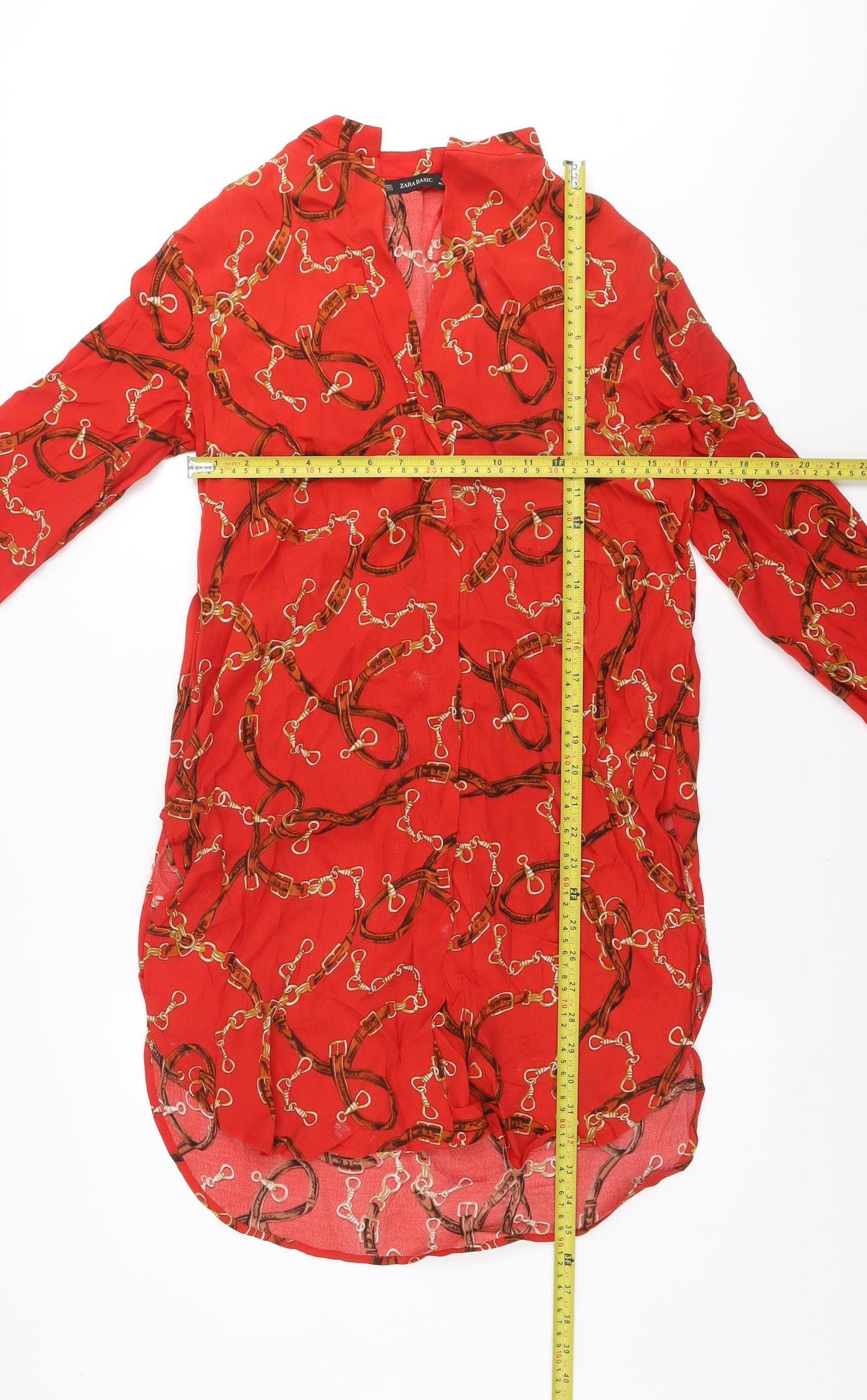 Zara Basic Women Red XS Viscose Shirt Dress Long Sleeve Classic Print