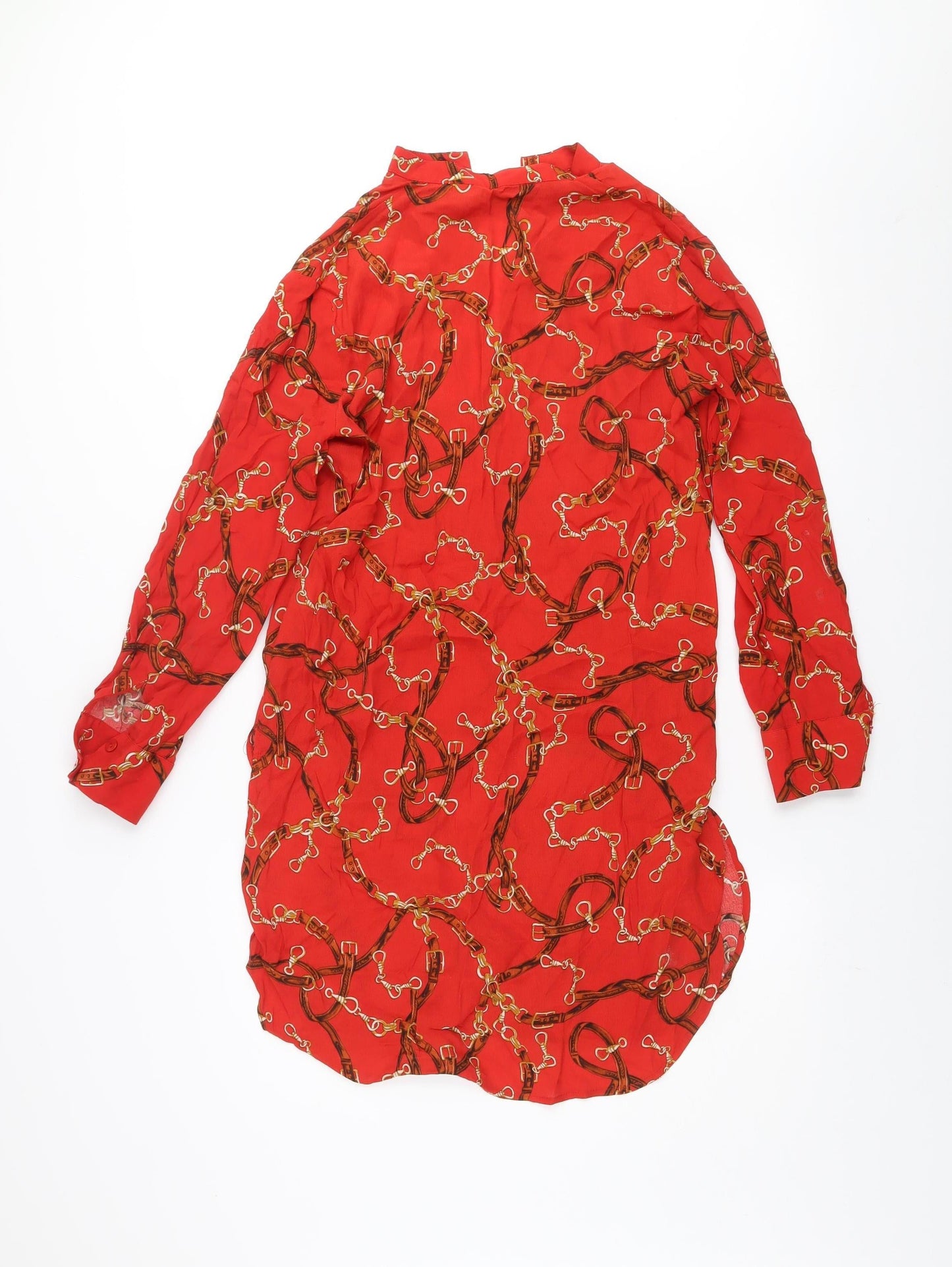 Zara Basic Women Red XS Viscose Shirt Dress Long Sleeve Classic Print