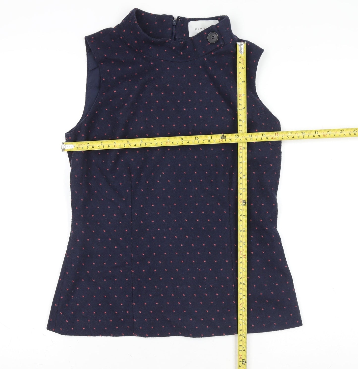 Kew 159 Women's Blue Polka Dot Wool Sleeveless Mock Neck Blouse Size 12