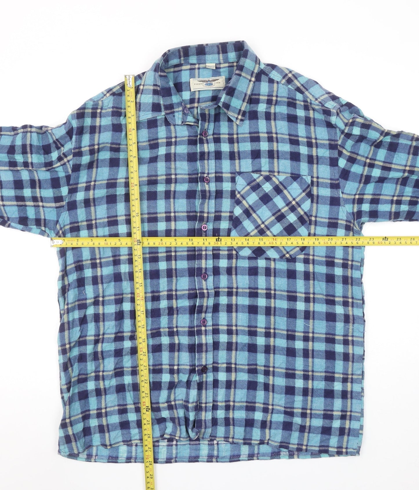 Pierre Leon Men's Blue Checked Flannel Long Sleeve Casual Shirt L
