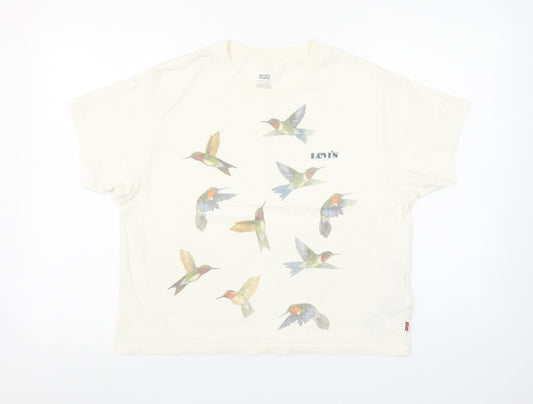 Levi’s Women’s Ivory Short Sleeve Crew Neck T-Shirt XS Hummingbird Print Cotton
