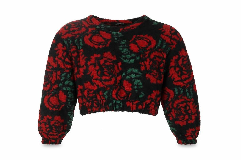 Bershka Women’s Black Red Floral Knit Pullover Jumper Size 8