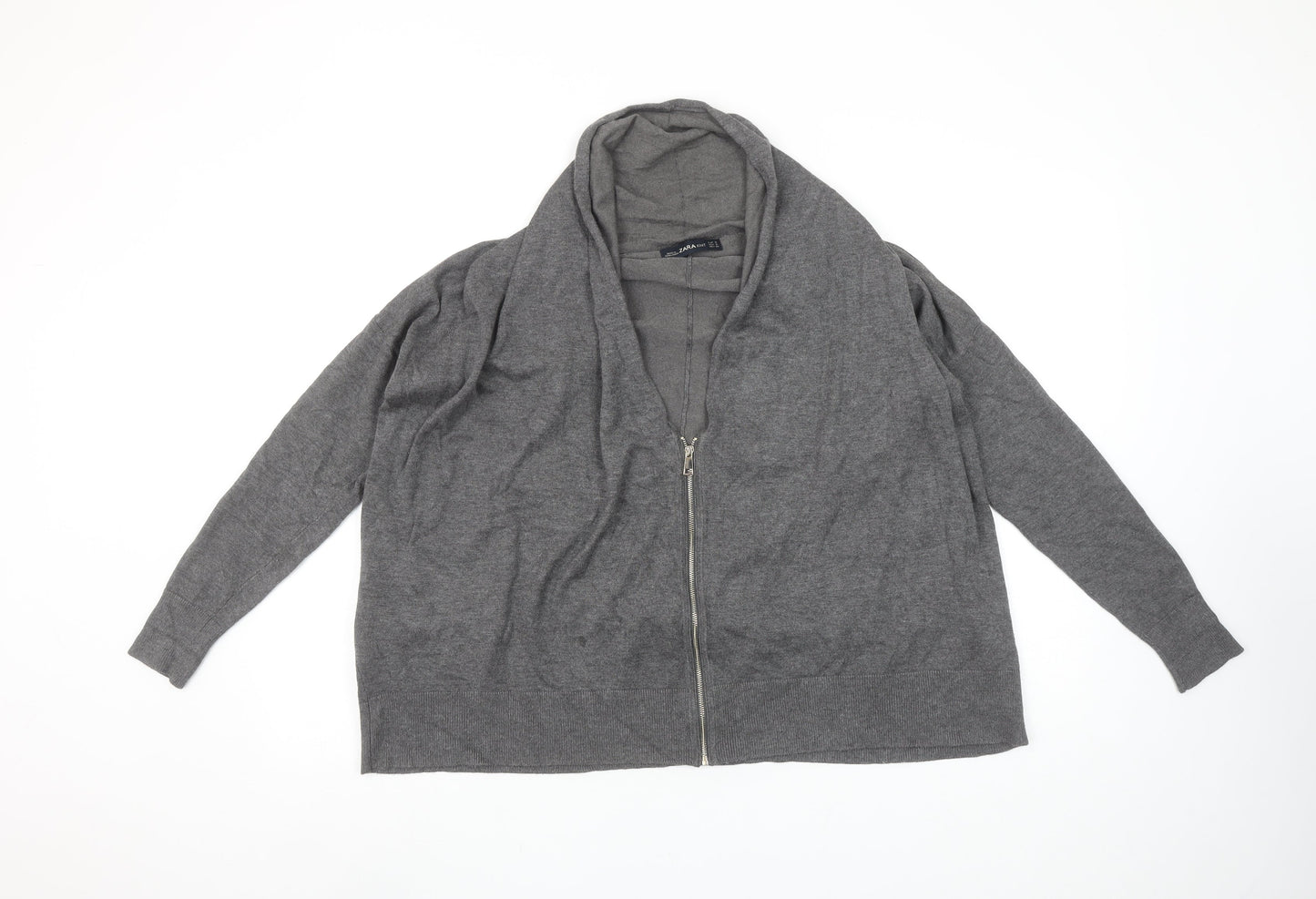 ZARA Women Grey Full Zip Knit Cowl Neck Jumper Size S