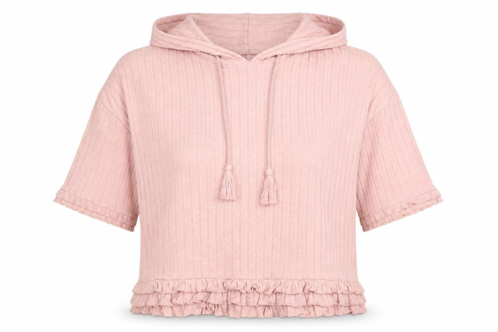 River Island Women Pink Ribbed Short Sleeve Pullover Hoodie Size S
