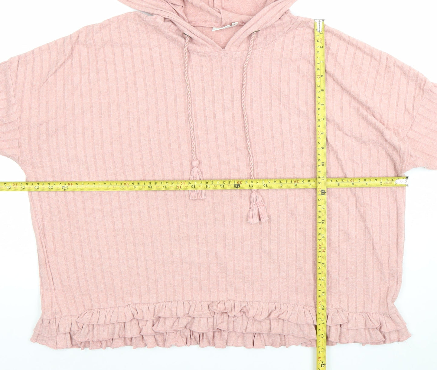 River Island Women Pink Ribbed Short Sleeve Pullover Hoodie Size S