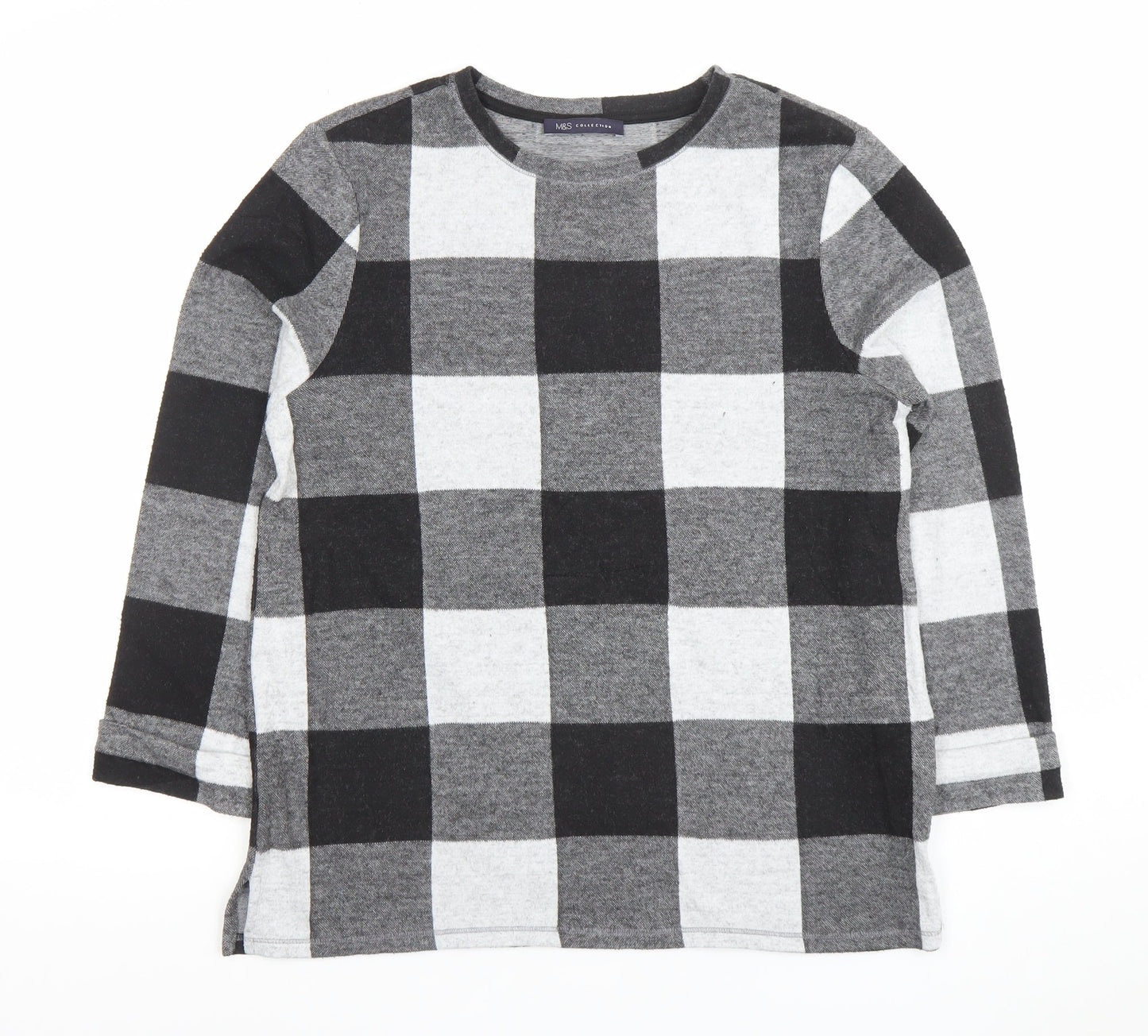 Marks and Spencer Women's Black Check Long Sleeve Jersey Top UK 12