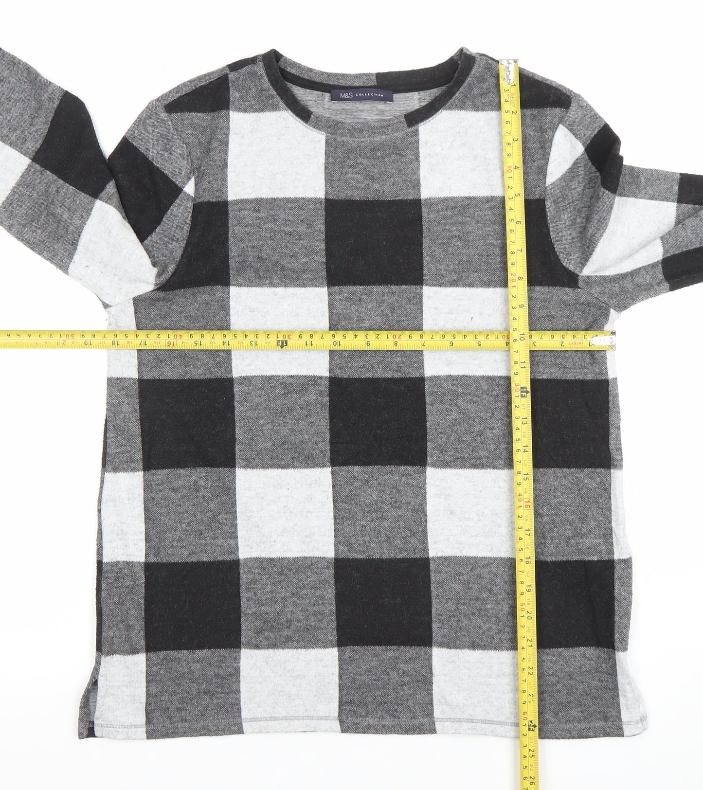 Marks and Spencer Women's Black Check Long Sleeve Jersey Top UK 12