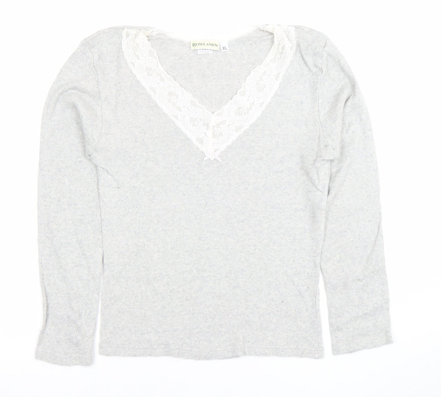 Rowland's Womens Grey Lace Trim V-Neck Cotton Long Sleeve Blouse XL