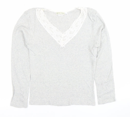 Rowland's Womens Grey Lace Trim V-Neck Cotton Long Sleeve Blouse XL