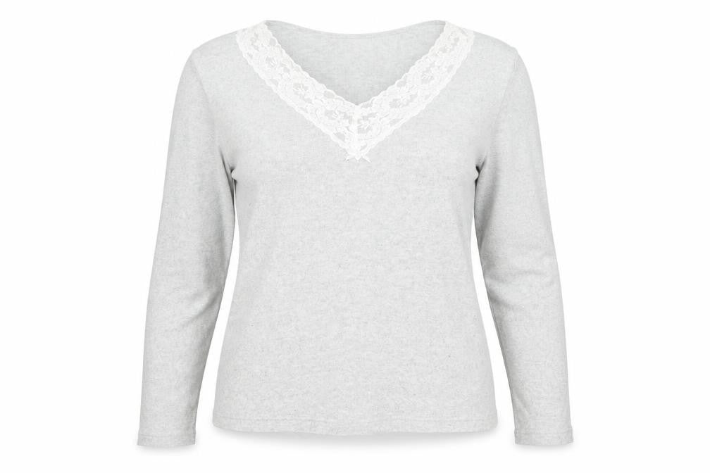 Rowland's Womens Grey Lace Trim V-Neck Cotton Long Sleeve Blouse XL