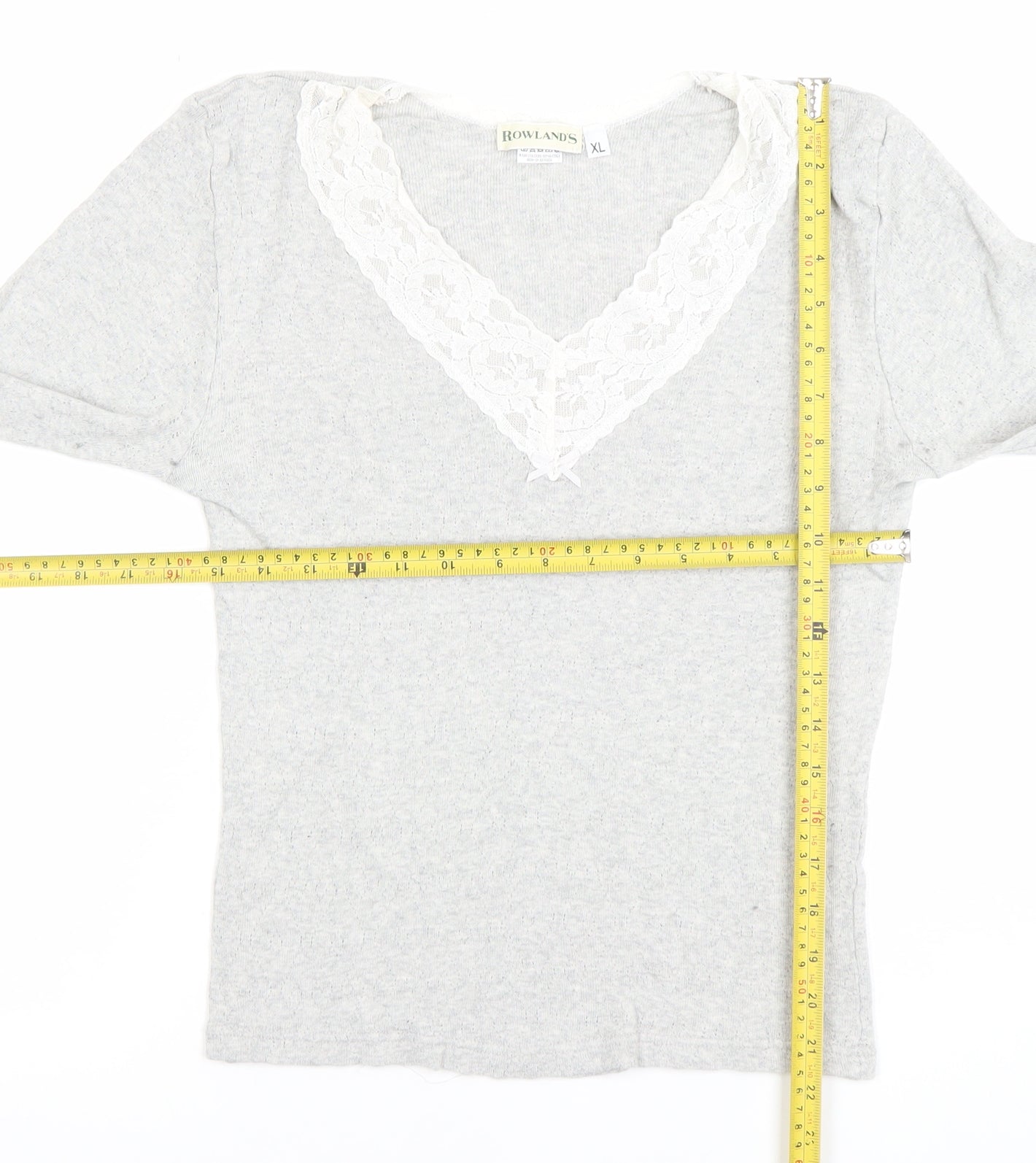 Rowland's Womens Grey Lace Trim V-Neck Cotton Long Sleeve Blouse XL