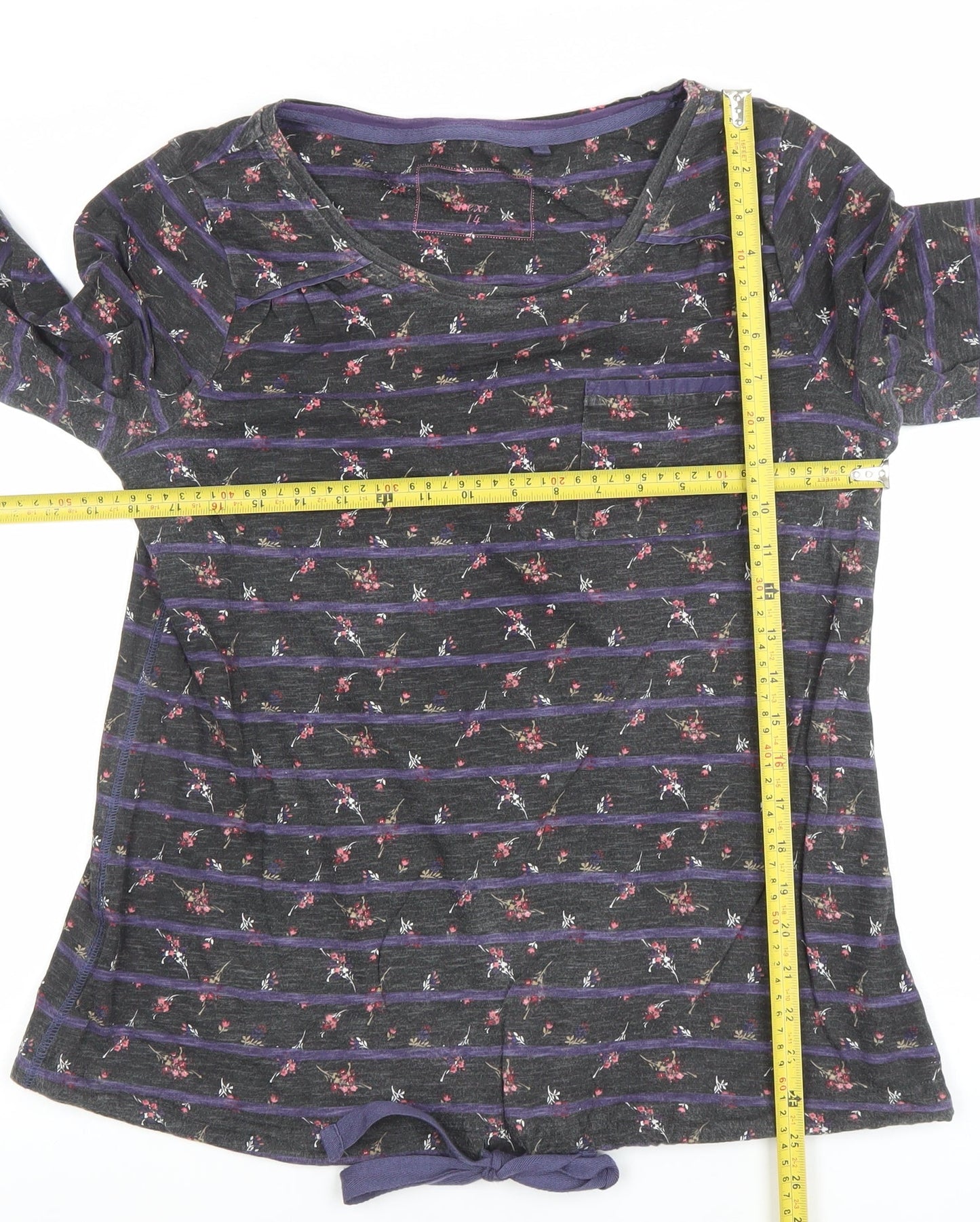 Next Women’s Grey Floral Striped Tunic Top Size 14 Cotton 3/4 Sleeve