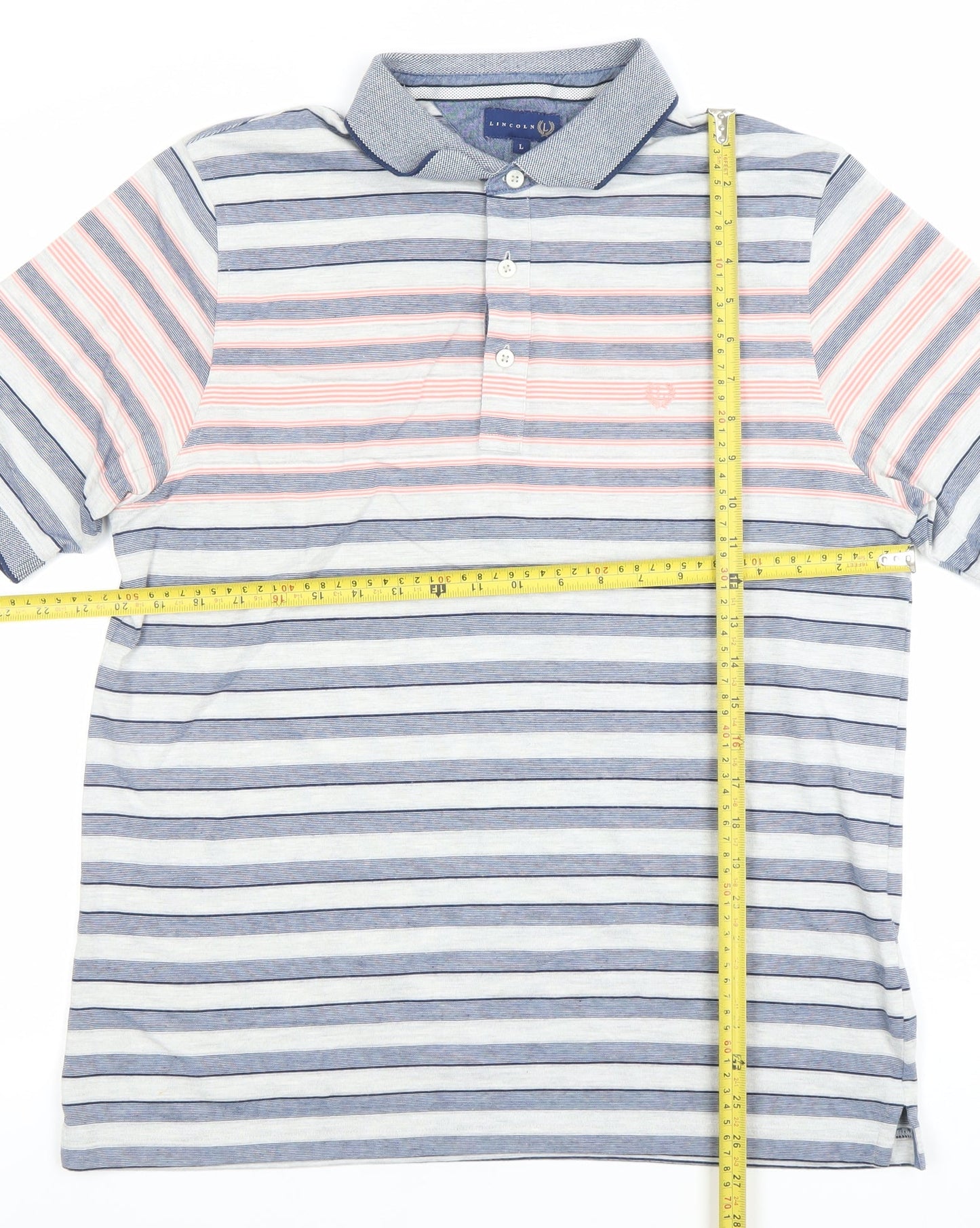 Lincoln Men's Blue Pink Striped Polo Shirt Size L Cotton Blend