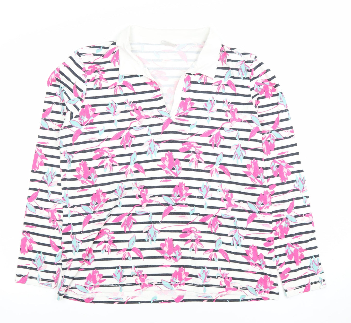 Damart Women's Multicoloured Floral Striped Cotton Polo Top M