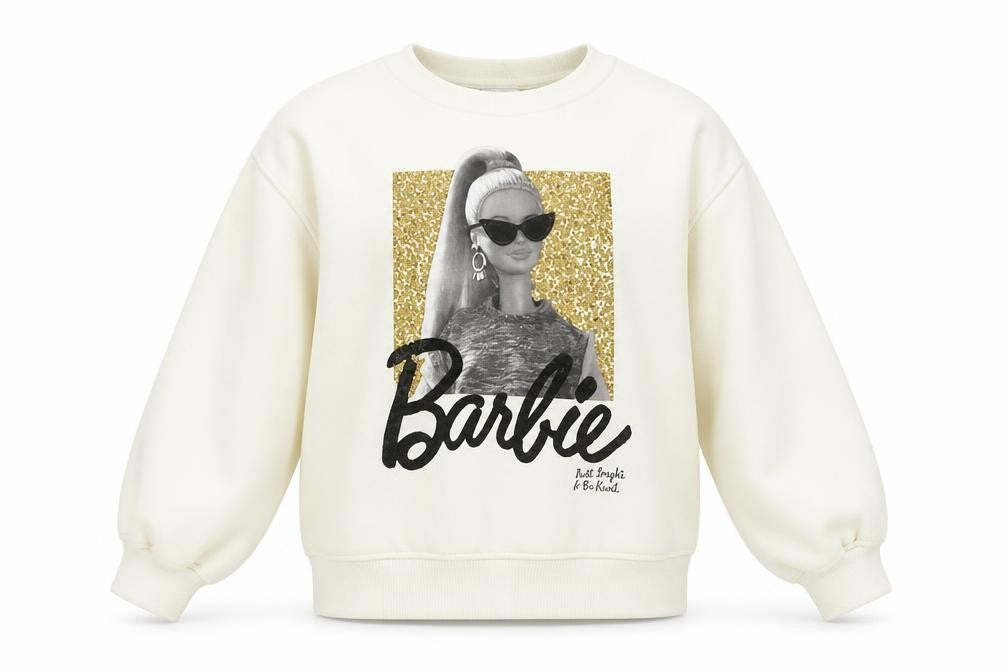 Zara Girls Ivory Barbie Glitter Graphic Pullover Sweatshirt 8-9 Years