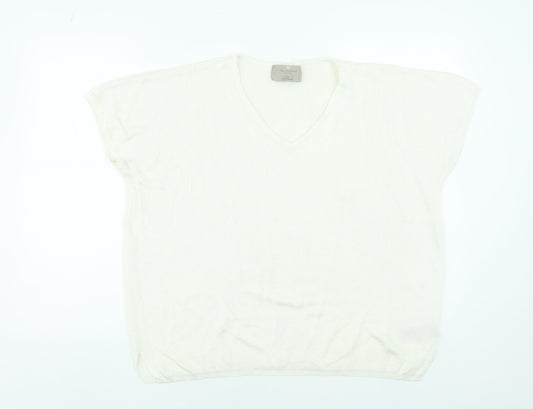 Paul Costelloe Women Cream V-Neck Short Sleeve Jumper Size L Viscose Blend