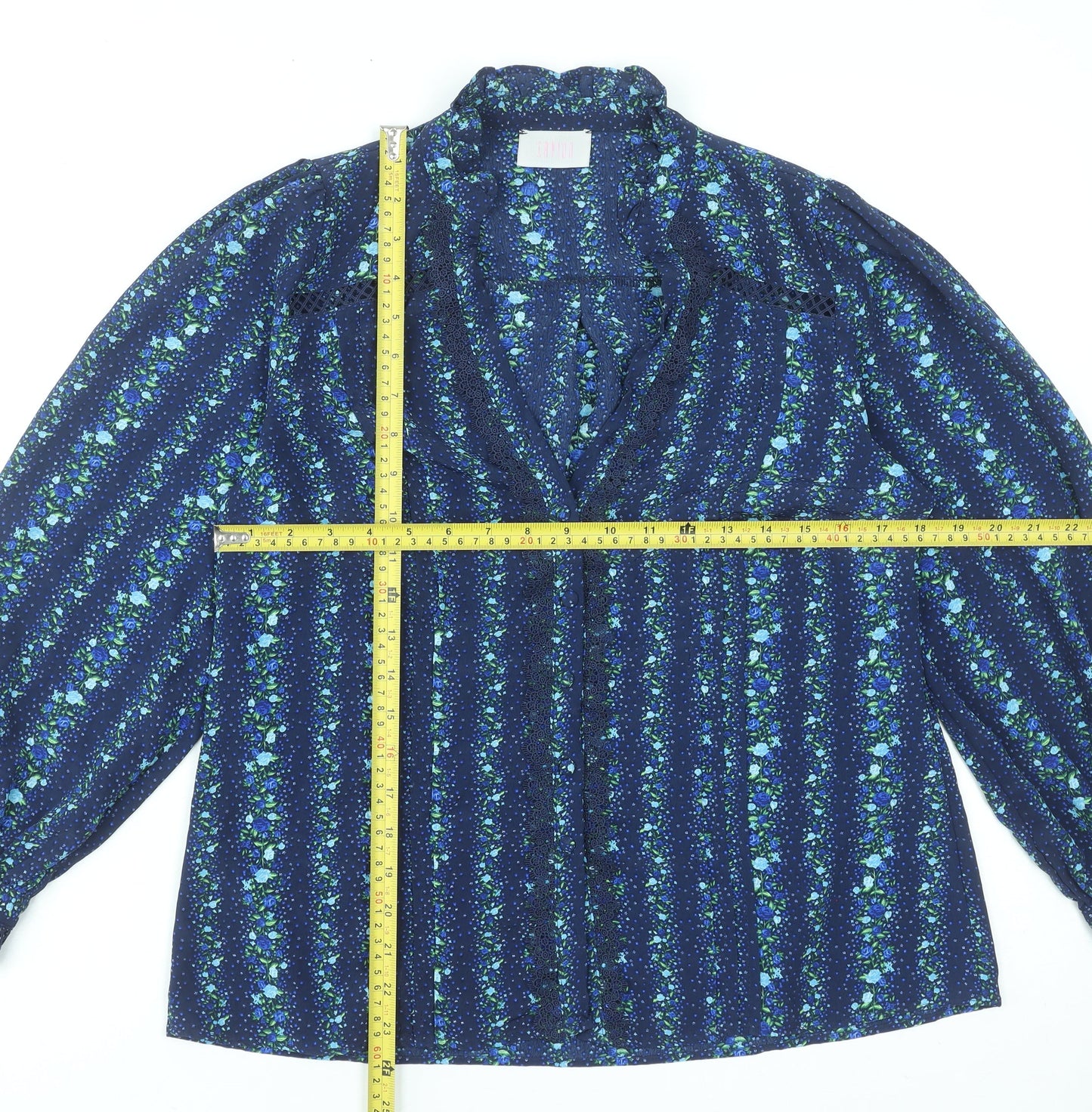 Savida Women Blue Floral Long Sleeve Polyester Tunic Blouse Size 14