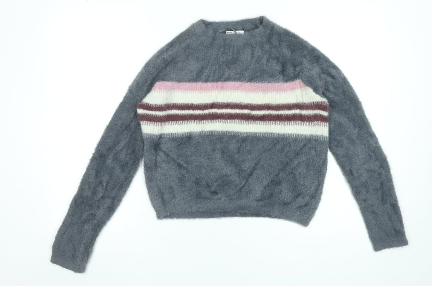 Pull&Bear Women’s Grey Striped Fluffy Knit Pullover Jumper XS