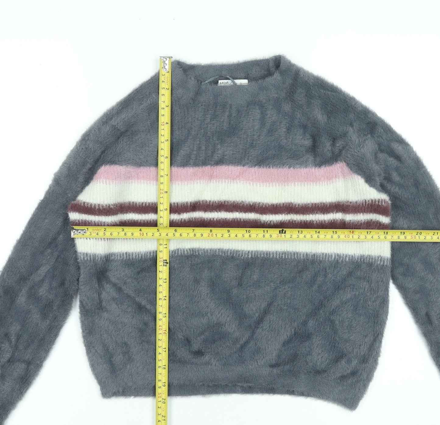 Pull&Bear Women’s Grey Striped Fluffy Knit Pullover Jumper XS