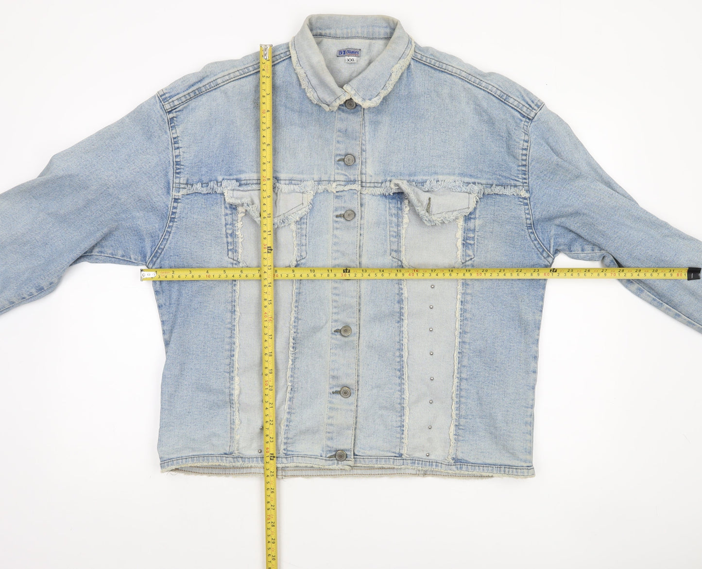 51 States Womens Blue Denim Jacket Size 2XL Frayed Button Casual