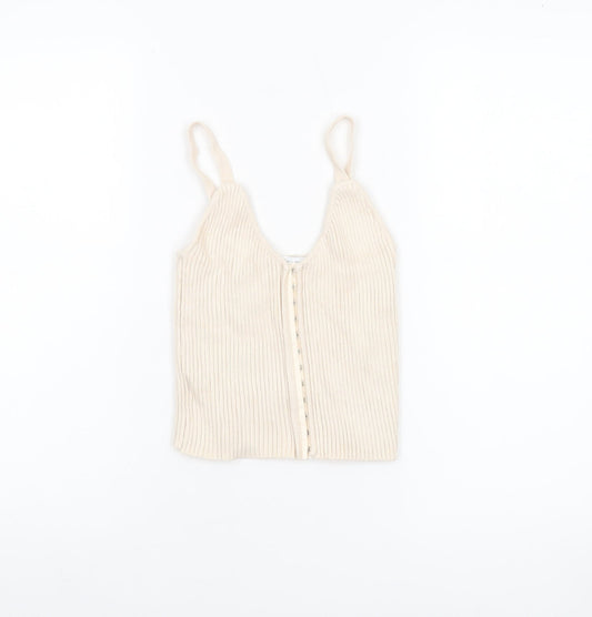 Zara Women Beige Ribbed Knit Button Camisole Tank Top Size S