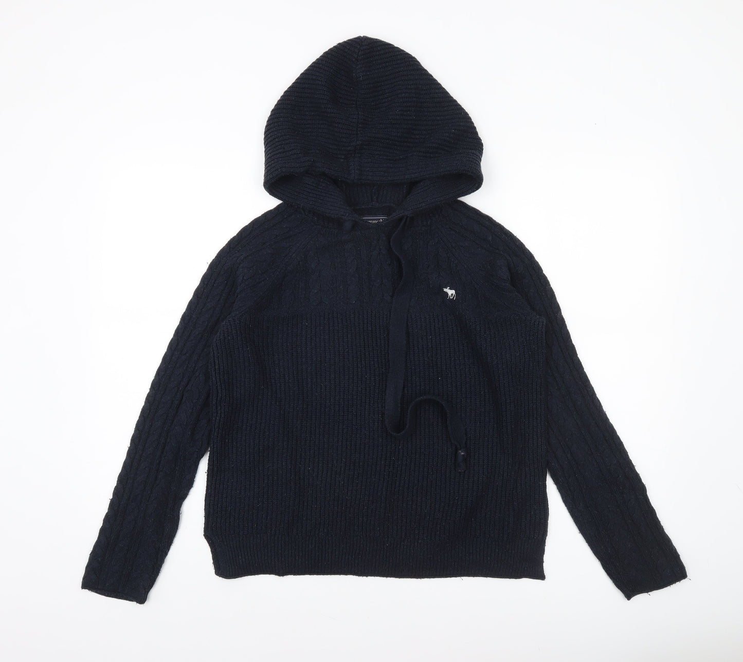 Abercrombie & Fitch Women's Black Cable-Knit Hooded Jumper Size M