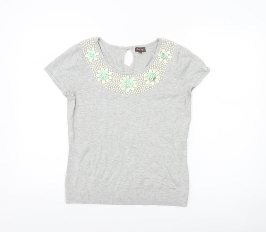 Phase Eight Women’s Grey Beaded Round Neck Short Sleeve Pullover Jumper Size 12