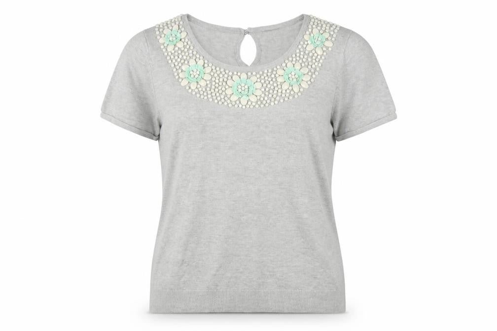 Phase Eight Women’s Grey Beaded Round Neck Short Sleeve Pullover Jumper Size 12