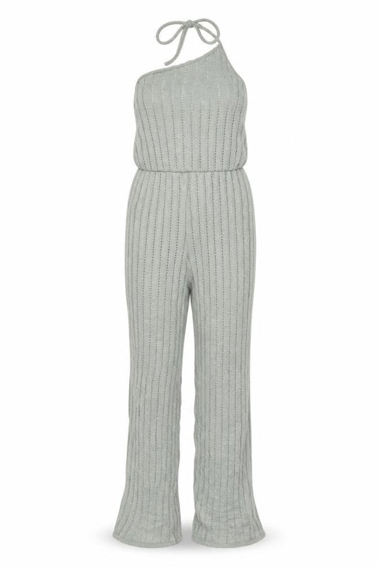 PRETTYLITTLETHING Women’s Sage Green Knit Halterneck Jumpsuit Size M UK 12