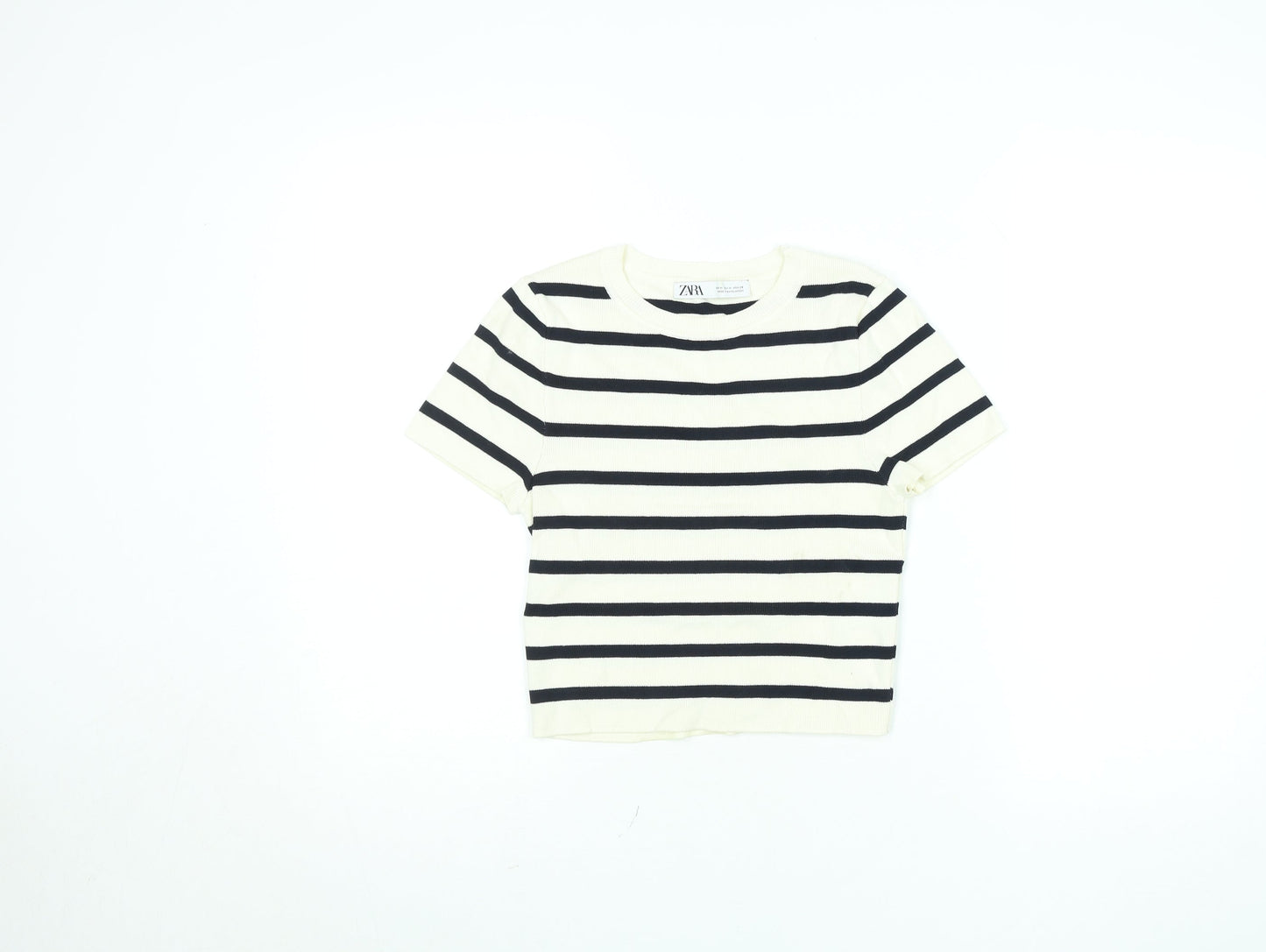 ZARA Women’s White Black Striped Cropped Knit T-Shirt Size M