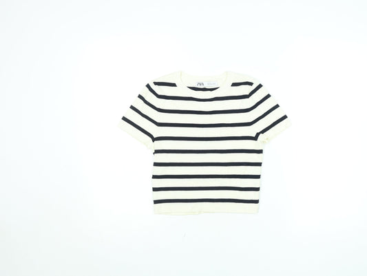 ZARA Women’s White Black Striped Cropped Knit T-Shirt Size M