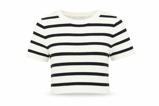 Zara Women’s White Black Striped Cropped Knit T-Shirt Size M