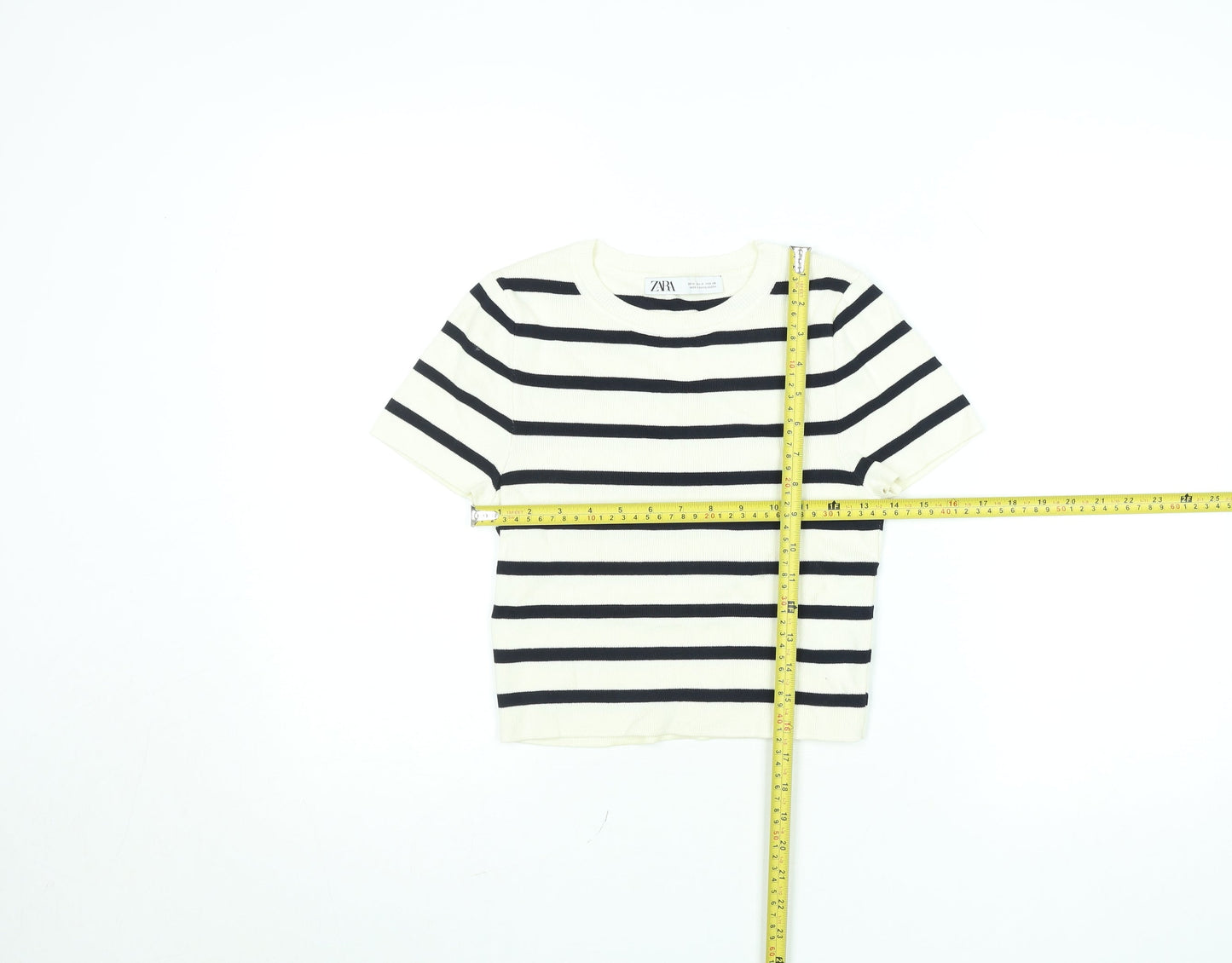 ZARA Women’s White Black Striped Cropped Knit T-Shirt Size M