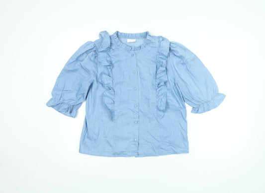 Vila Womens Blue Ruffle Cotton Blouse Size 14 3/4 Sleeve