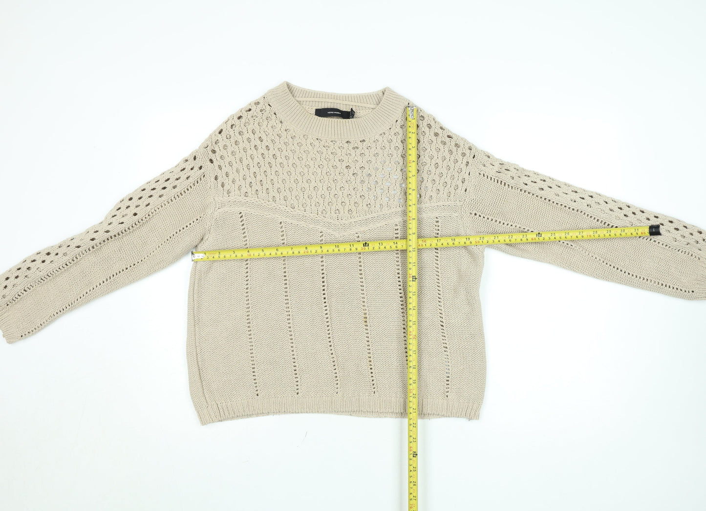 Vero Moda Women Beige Open Knit Cotton Jumper Size S