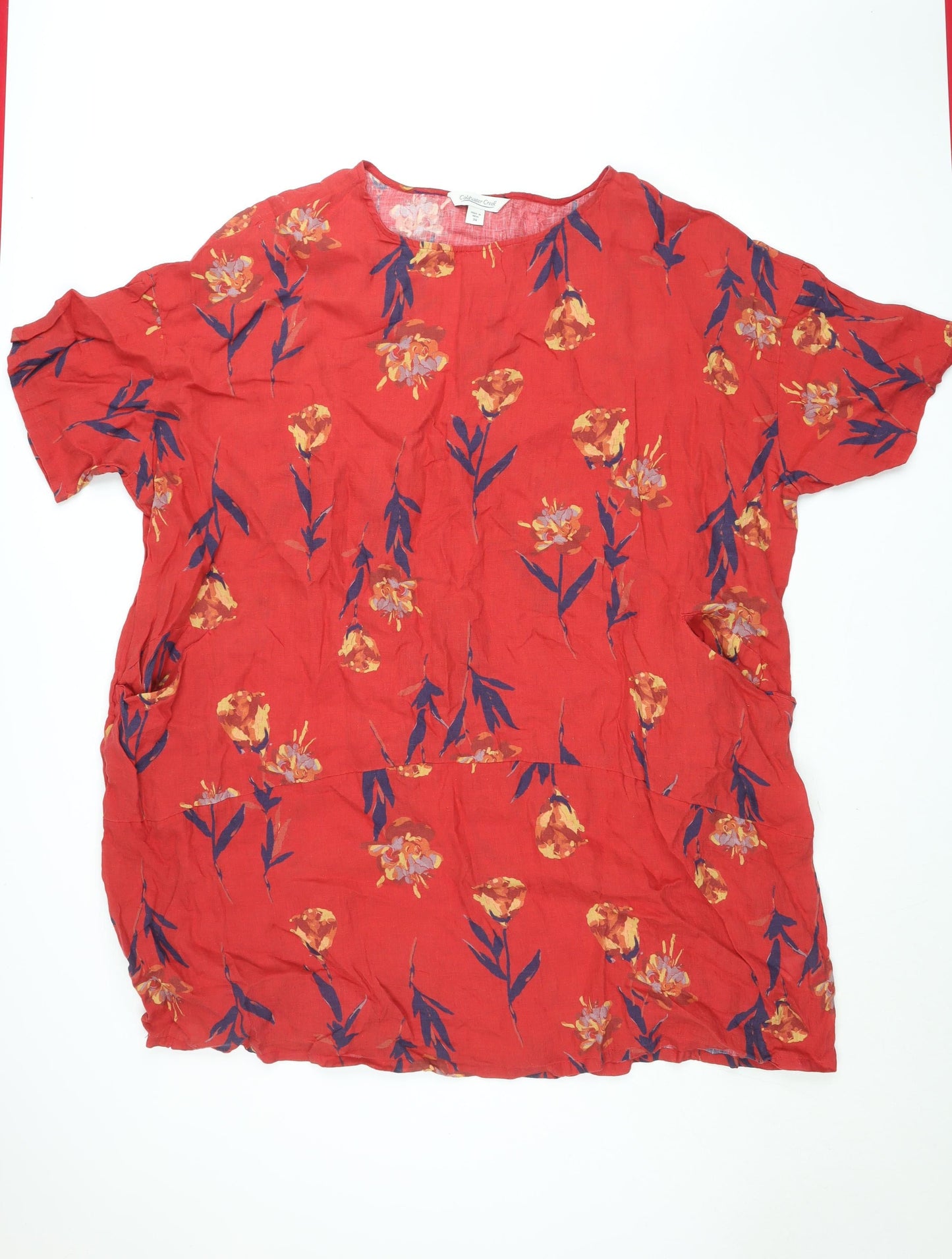 Coldwater Creek Womens Red Floral Linen Tunic Blouse 3XL Relaxed Fit