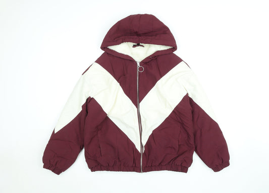 Topshop Women Burgundy White Puffer Jacket Size 12 Hooded Winter Coat