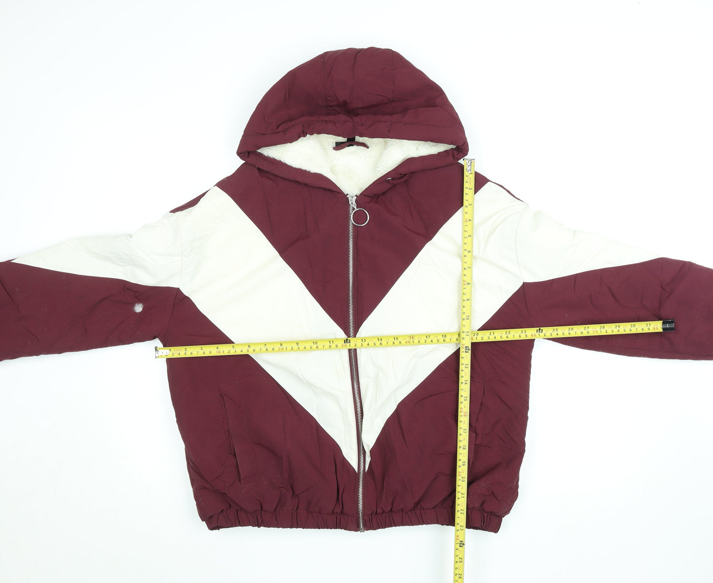 Topshop Women Burgundy White Puffer Jacket Size 12 Hooded Winter Coat