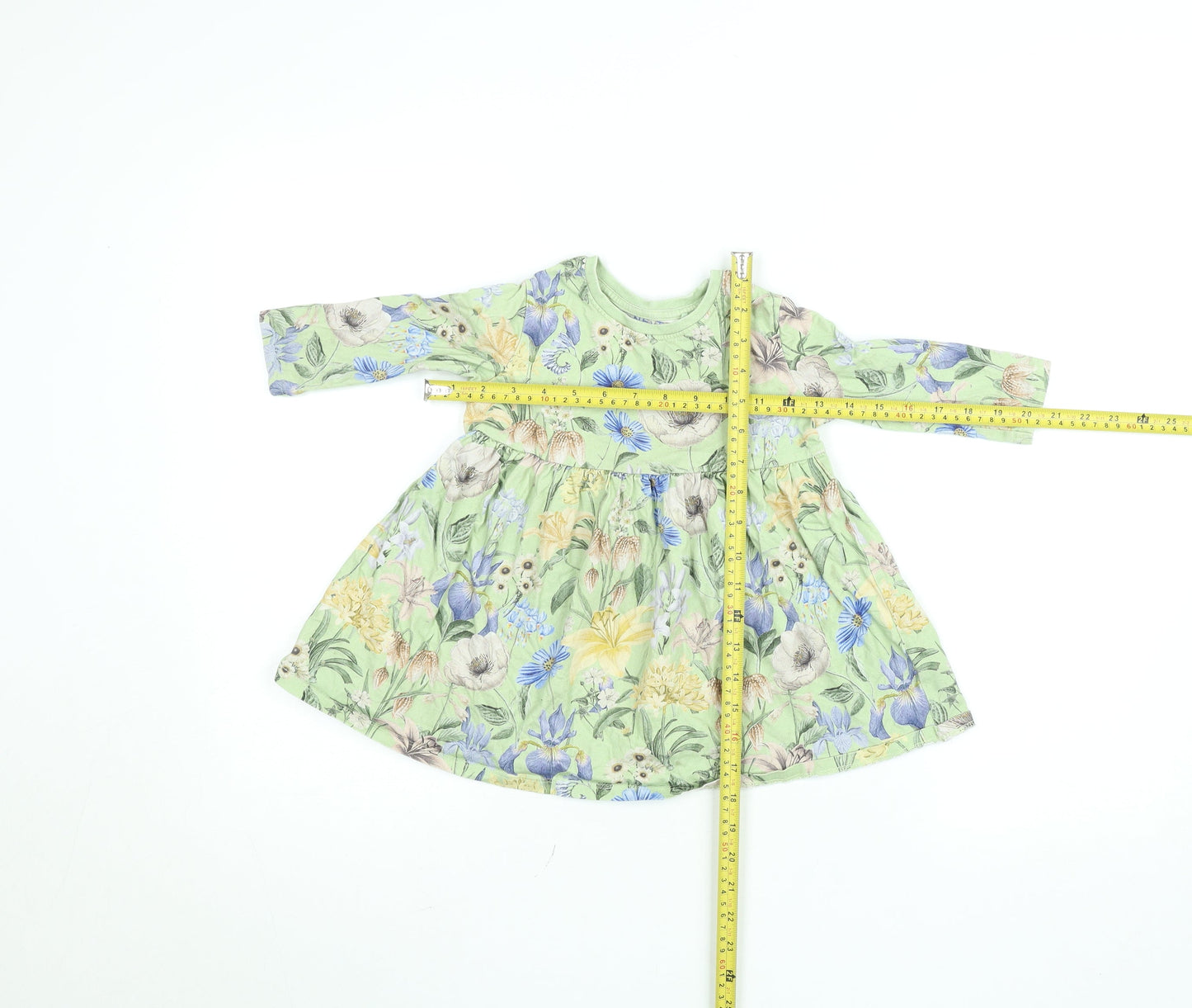 Next Girls Green Floral Cotton A-Line Dress 12-18 Months Long Sleeve