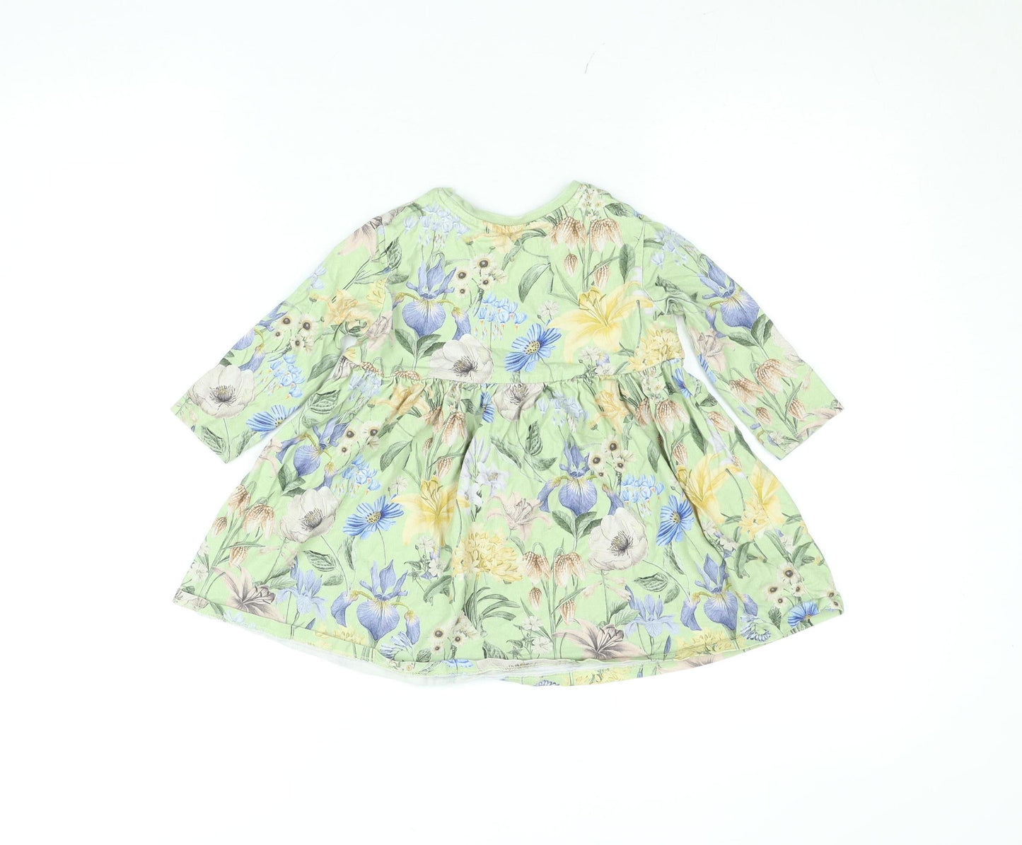 Next Girls Green Floral Cotton A-Line Dress 12-18 Months Long Sleeve