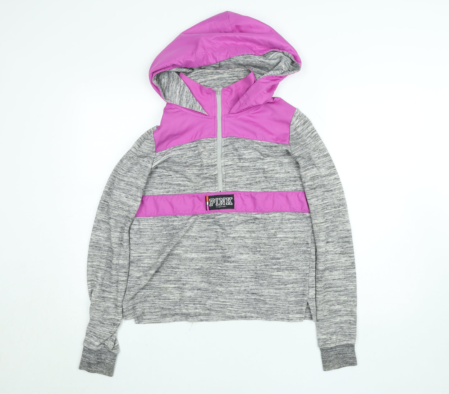 Victoria's Secret PINK Women's Grey & Pink 1/4 Zip Hooded Sweatshirt XS